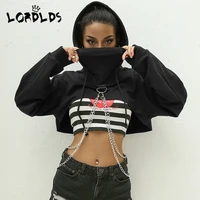 lordlds women cropped hoodie with chain harajuku crop top hoodie black sweatshirts ladies streetwear patchwork jumper pull femme