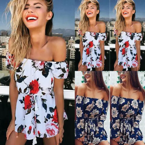 

Summer Playsuits Women Sexy Off Shoulder Casual Playsuit Ladies Print Casual Loose jumpsuit