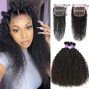 Кудрявые кудрявые пряди с закрытием 4X4 кружева с пряди Remy человеческие волосы бразильские 34 пряди 5X5 HD Кружева Закрытие