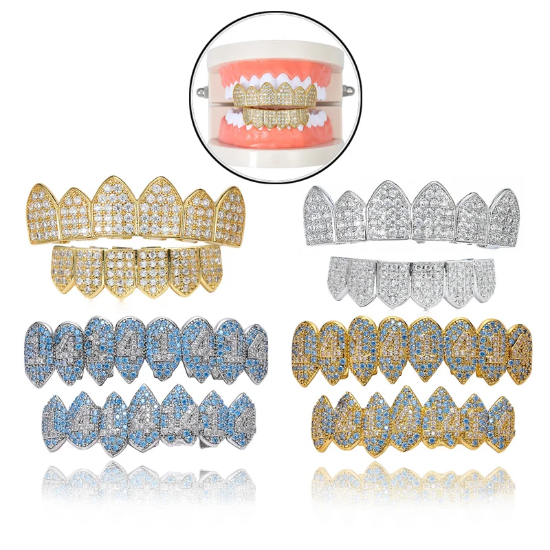 

Vampire Grills 1414 Teeth Grillz Hip Hop Denture Bling AAA Cubic Eight Top Bottom Teeth Set For Gift Blue/Gold/Silver Color