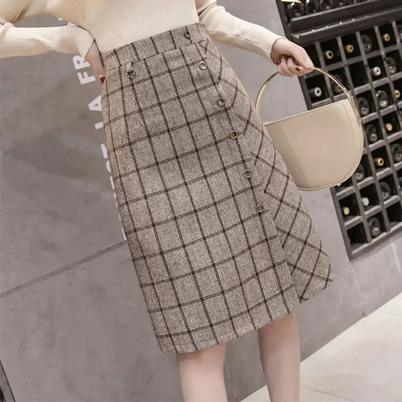 

Elegant Retro Female Hight Waist Woolen Plaid Skirt Women Casual A-line Knee Length Vintage Fashion Skirt Jupe Longue Femme J151