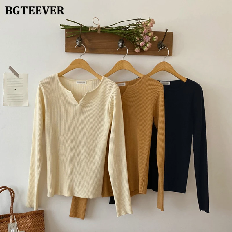 Свитер Женский вязаный BGTEEVER с V-образным вырезом и длинным рукавом Осень-зима 2020 |