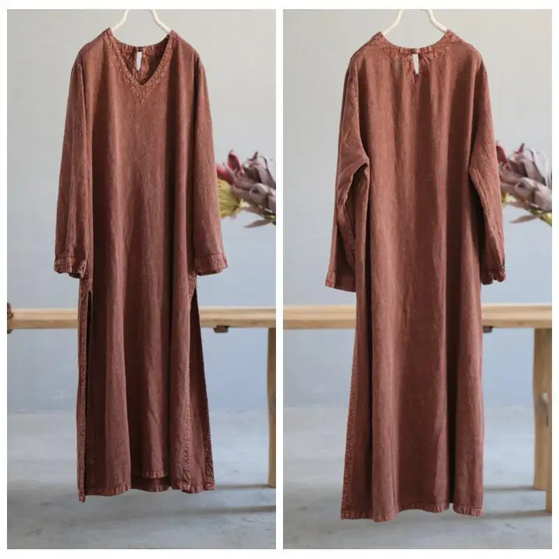 Осеннее платье в стиле ретро с длинным рукавом и v образным вырезом однотонное