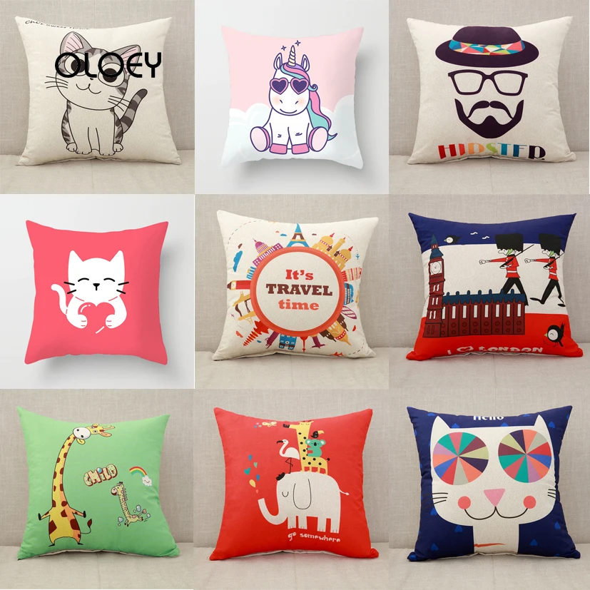 Милый мультяшный квадратный чехол для подушки из полиэстера слон кошка жираф
