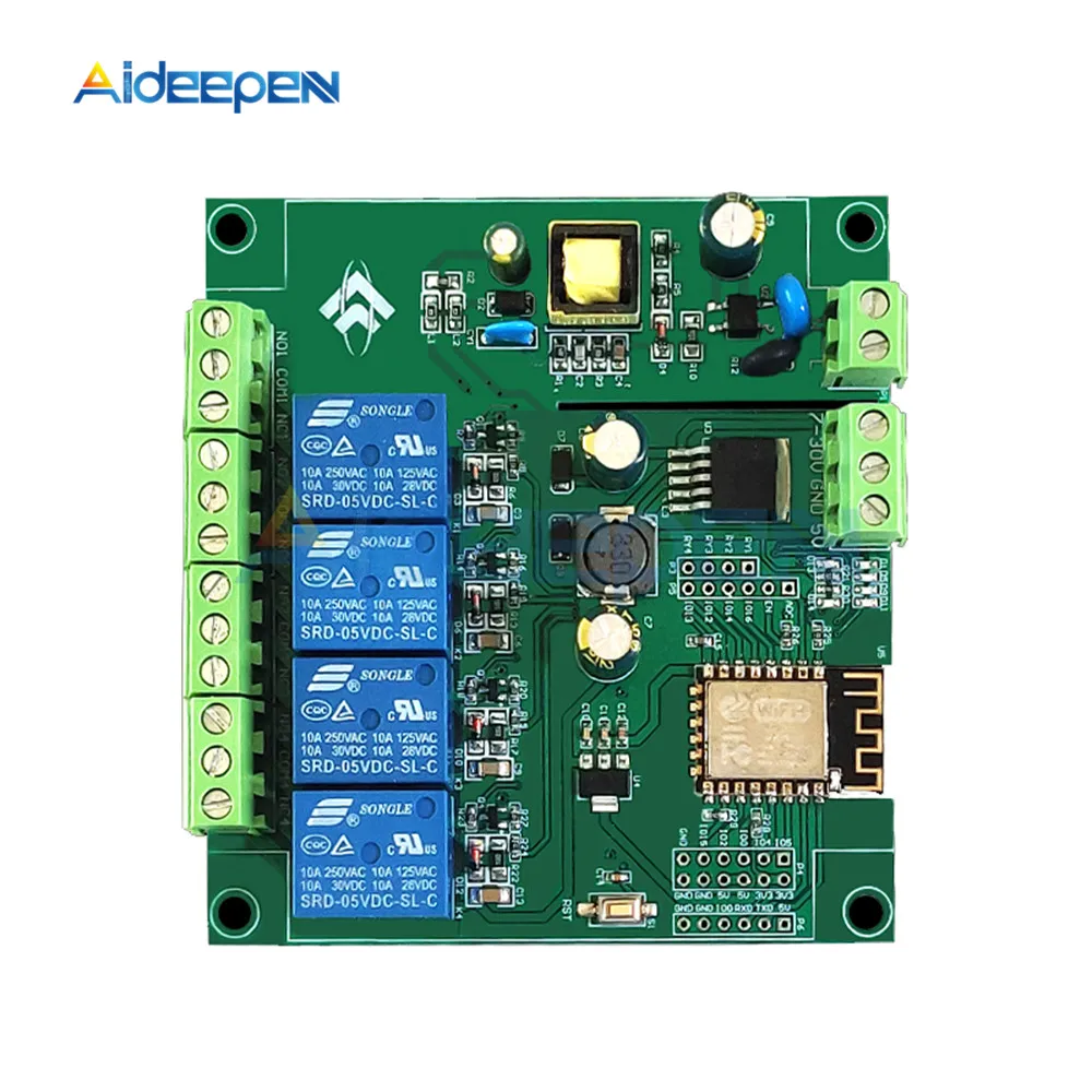 AC 90-250V/DC 7-30V/5V Power Supply ESP8266 ESP-12F WiFi Programmable Development Module 4 Channel Relay Board for IOT Arduino