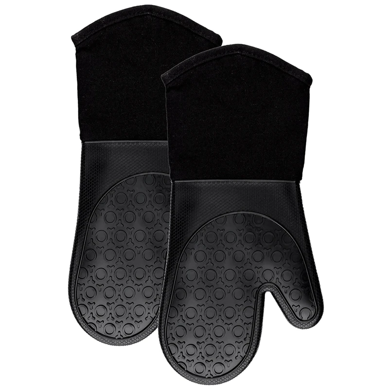 

Silicone Oven Mitts With Quilted Cotton Lining - Professional Heat Resistant Potholder Kitchen Gloves - 1 Pair (Black)
