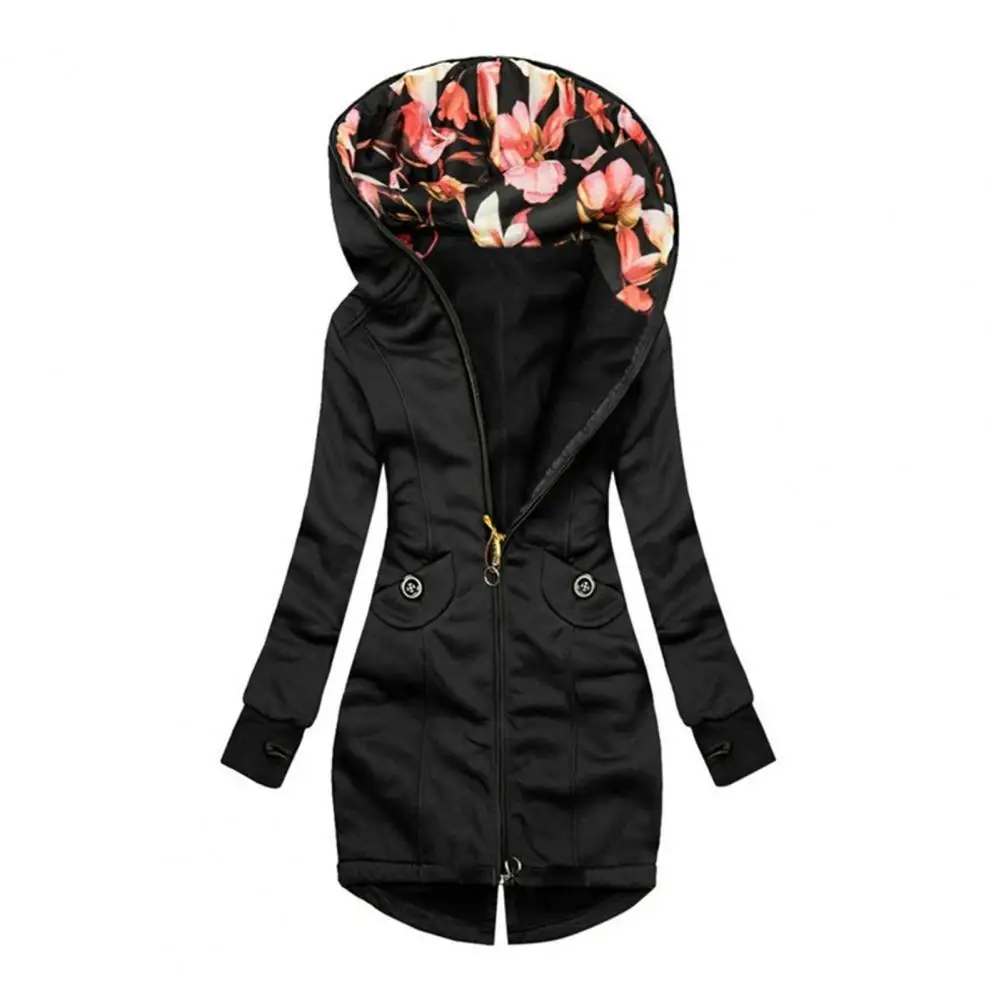 

Women Jackets Long Sleeve Casual Solid Color Stylish Floral Printed Hooded Warm Jackets Lady Coats Autumn Winter