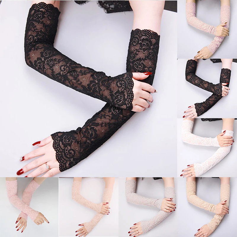 

Rose Flower Pattern Sexy Summer Female Half Finger Sunscreen Long Lace Gloves Women Sun Protection Driving Breathable Gloves
