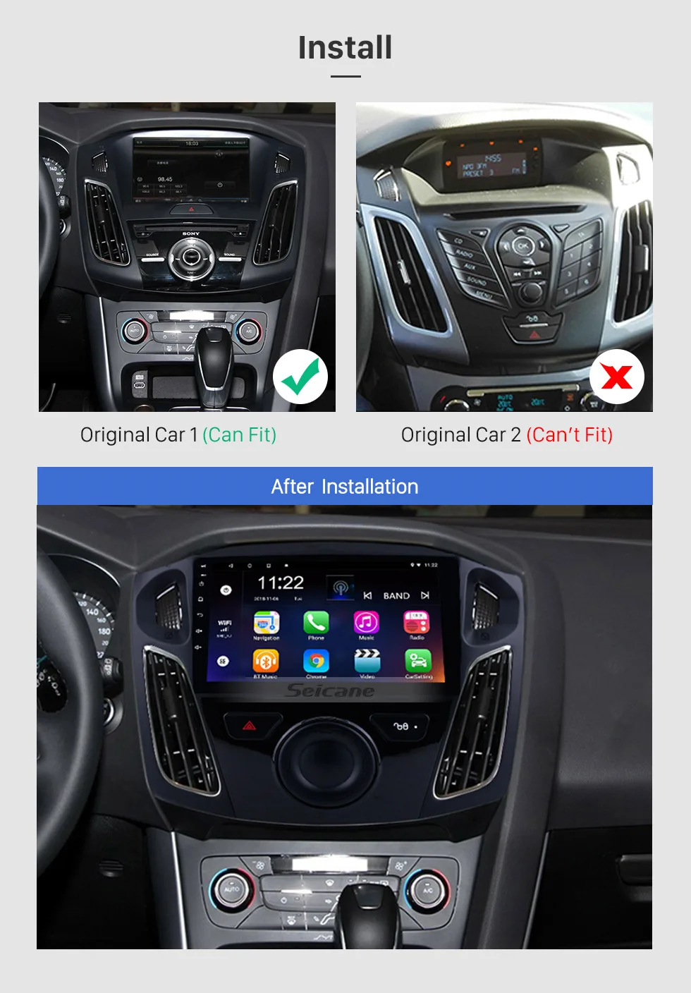 Seicane 9 дюймов Android 9,0 автомобильный мультимедийный плеер для 2011 2012 2013 Ford Focus HD 1024*600 сенсорный экран gps навигация