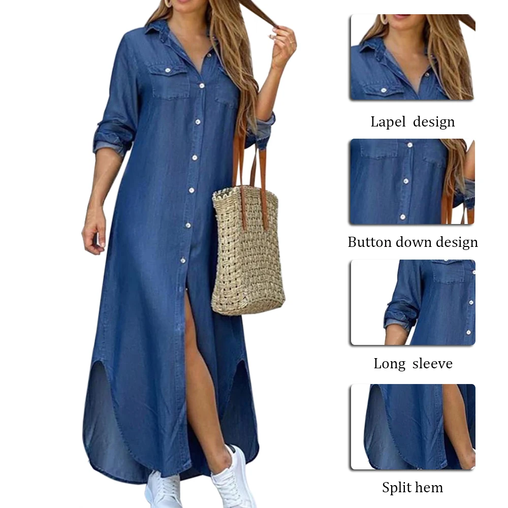 

Fashion Korean Plus Size Denim Dress For Women Summer Dress 2021 Lapel Split Sexy Long Maxi Jeans Dress Vestidos De Mujer 2021#X