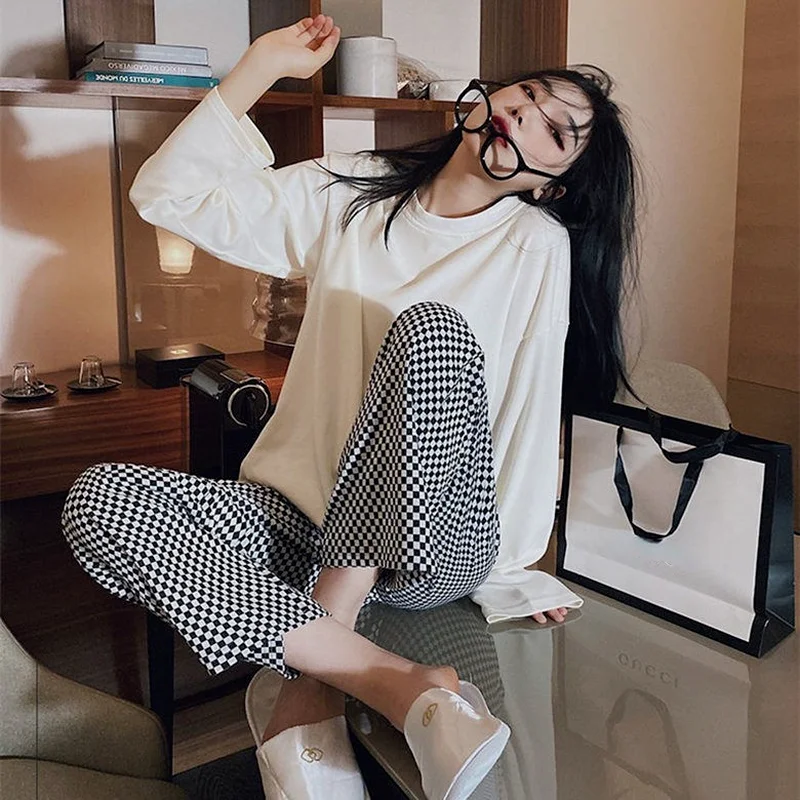 QWEEK Korean Style Plaid Pant Sleepwear Women White Top Pajamas Brief Female Set Pijamas Autumn Long Sleeve Loungewear Pyjamas