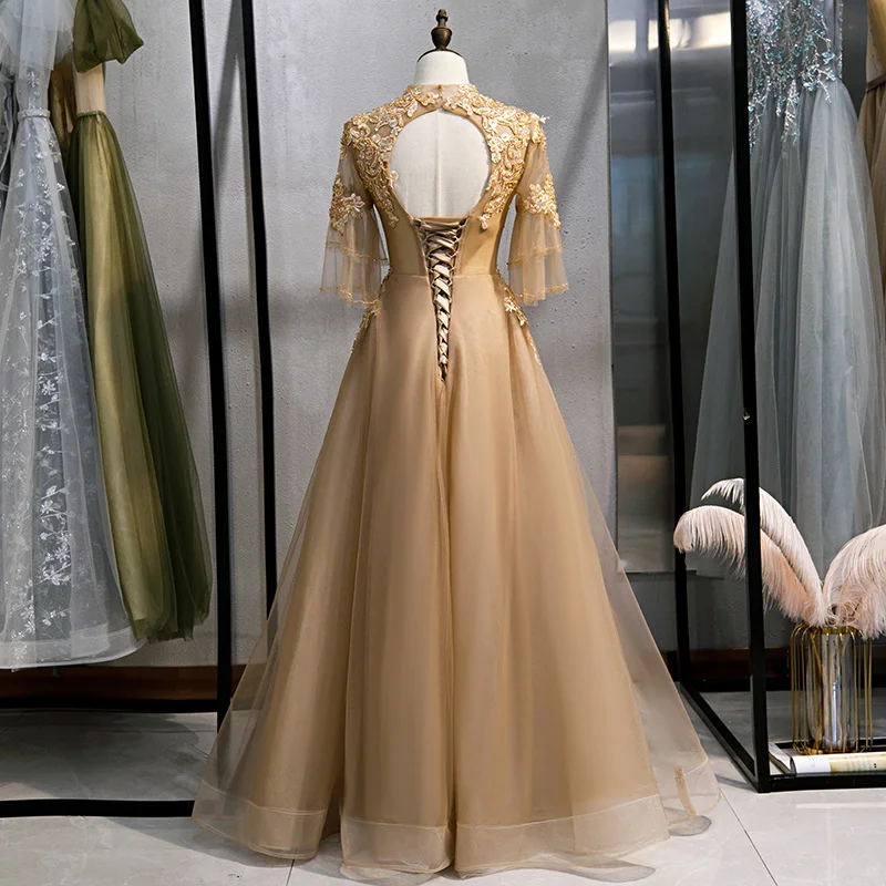 SSYFashion Новое роскошное золотистое вечернее платье с высоким вырезом в пол с коротким рукавом аппликации бисером длинное вечернее платье Vestido De Noche