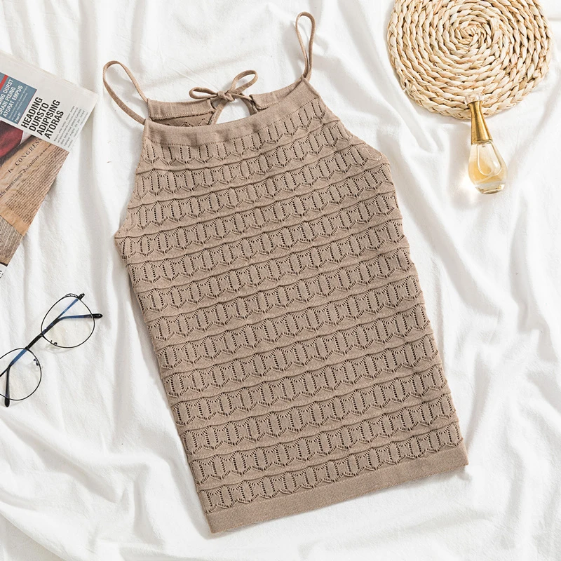 

LJSXLS 2022 Summer New Hollow Out Knitted Camisole Women Sweet Tank Tops Sleeveless Crop Top Mujer Solid Korean Woman Clothes