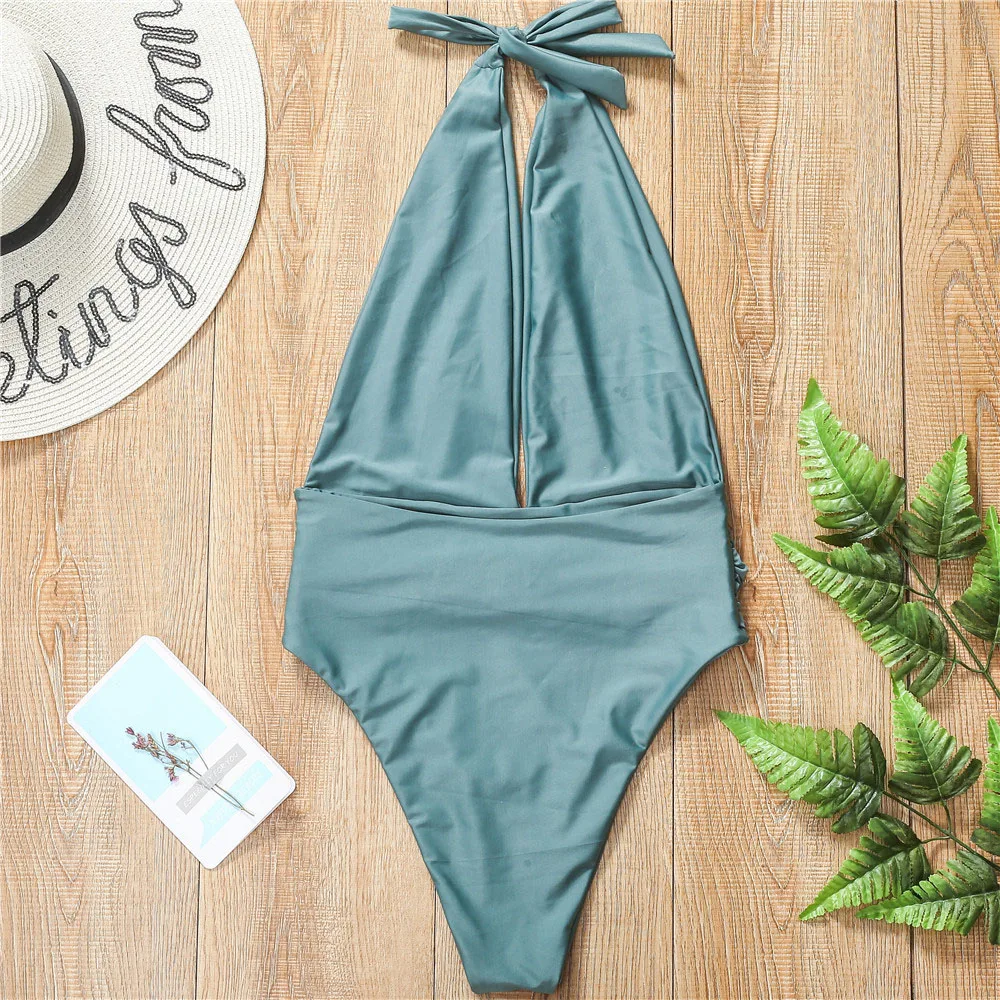 

Green High Cut One Piece Swimsuit Female Deep v-neck Bikini 2021 Bandage Bathing Suit Monokini Swimwear Women Bathers
