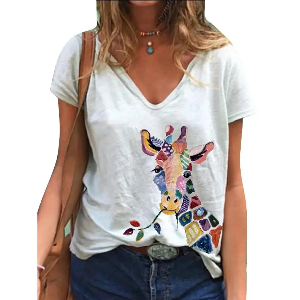 Женские топы футболки с принтом животных жираф базовая женская футболка V