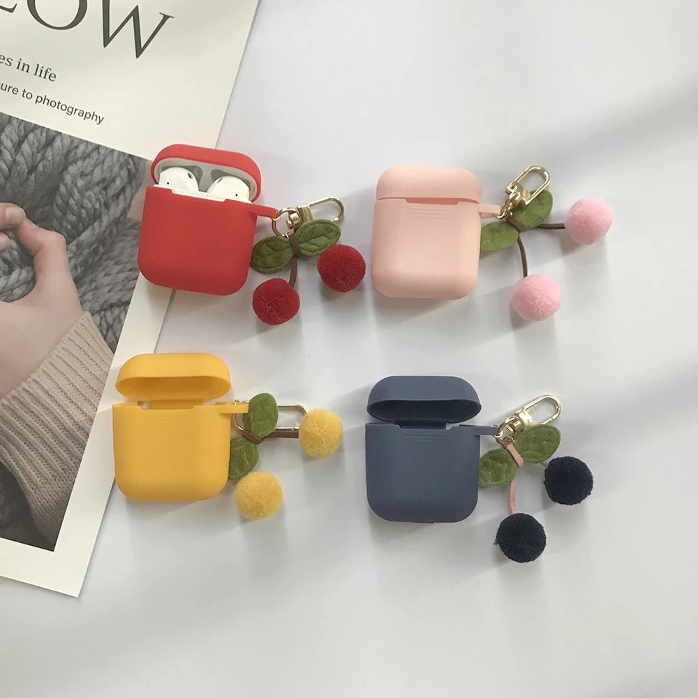 Корейский Вишневый меховой шарик-подвеска для гарнитура для AirPods чехол Bluetooth беспроводной защитный чехол для Apple AirPods чехол cherry Keychian