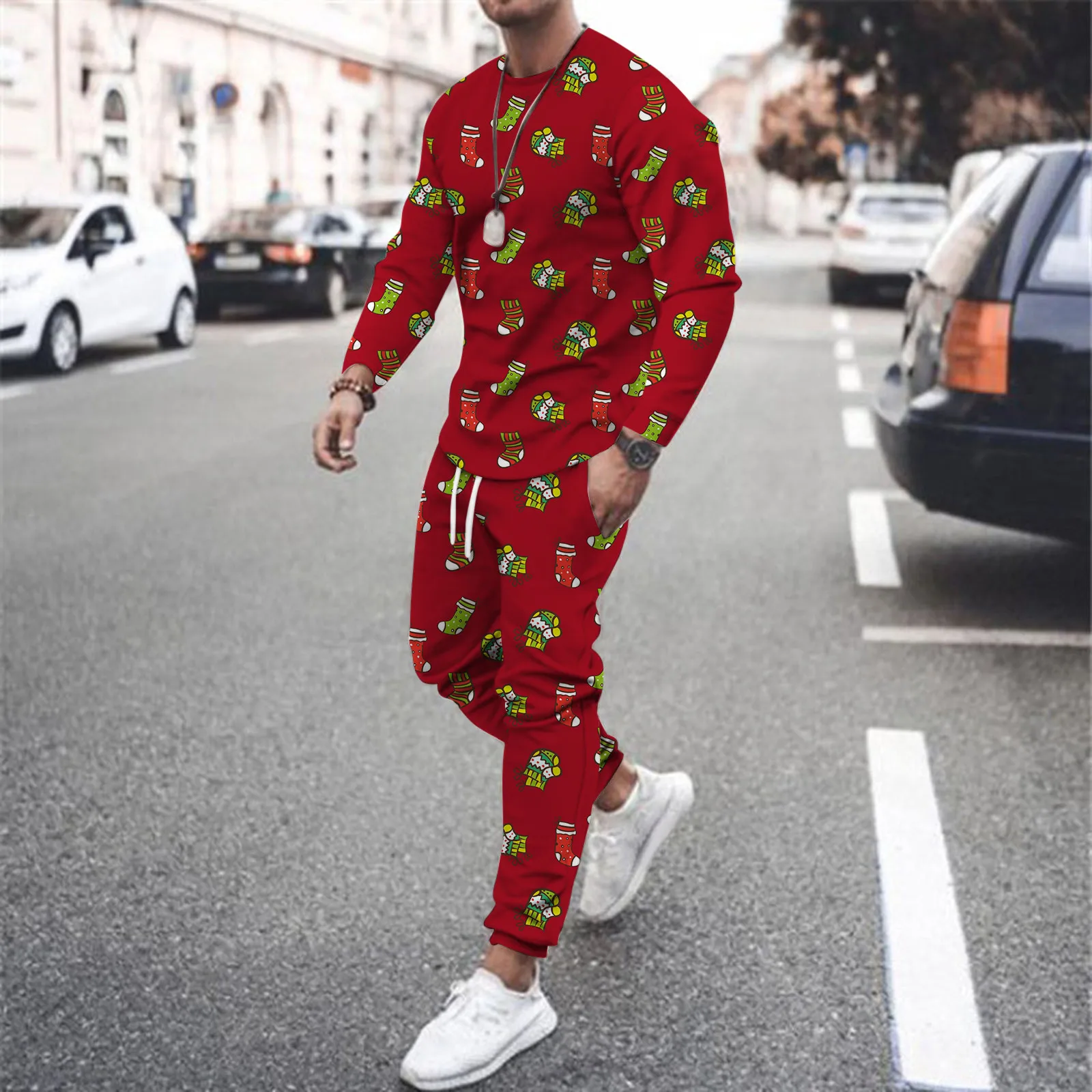 

Autumn Winter Christmas Print 2 Piece O Neck Long Sleeve Sweatershirts Sweatpants Streetwear Top Long Pants Men Set 4