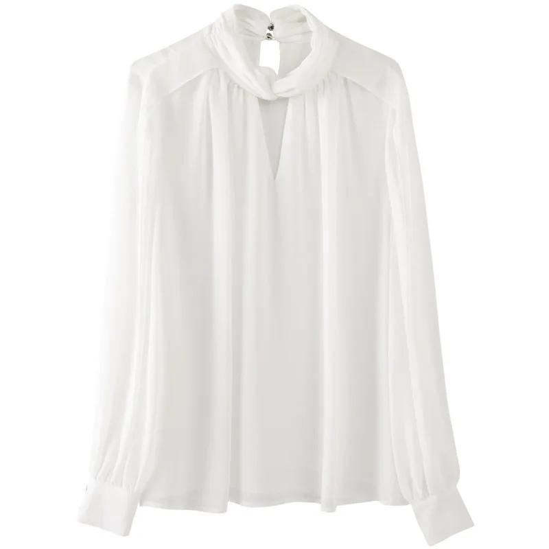 

2021 Spring Celebrity Solid See-through Top Wrinkled Long Sleeve Chiffon Blouses Black