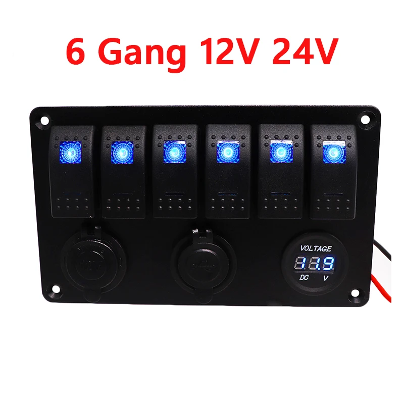 

For Car RV Truck Boat Marine Rocker 6 Gang 12V 24V Car Boat Blue LED Rocker Switch Panel Volt Meter Dual USB Power Charger New