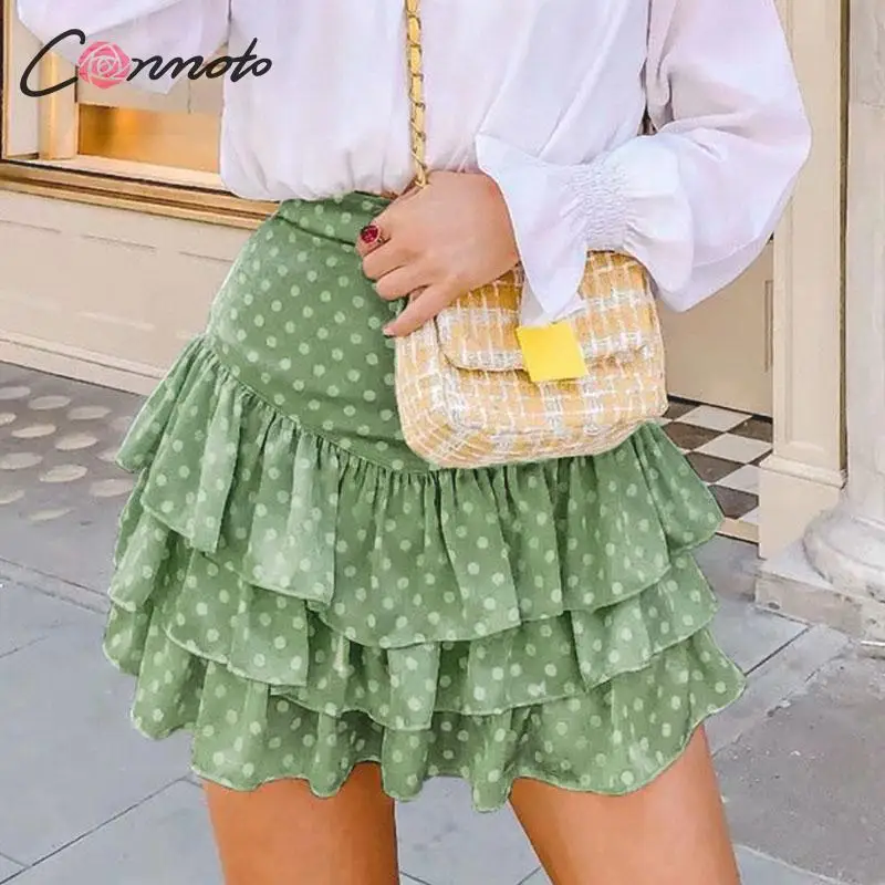 Юбка женская летняя в горошек с воланом и высокой талией|Женские юбки| |