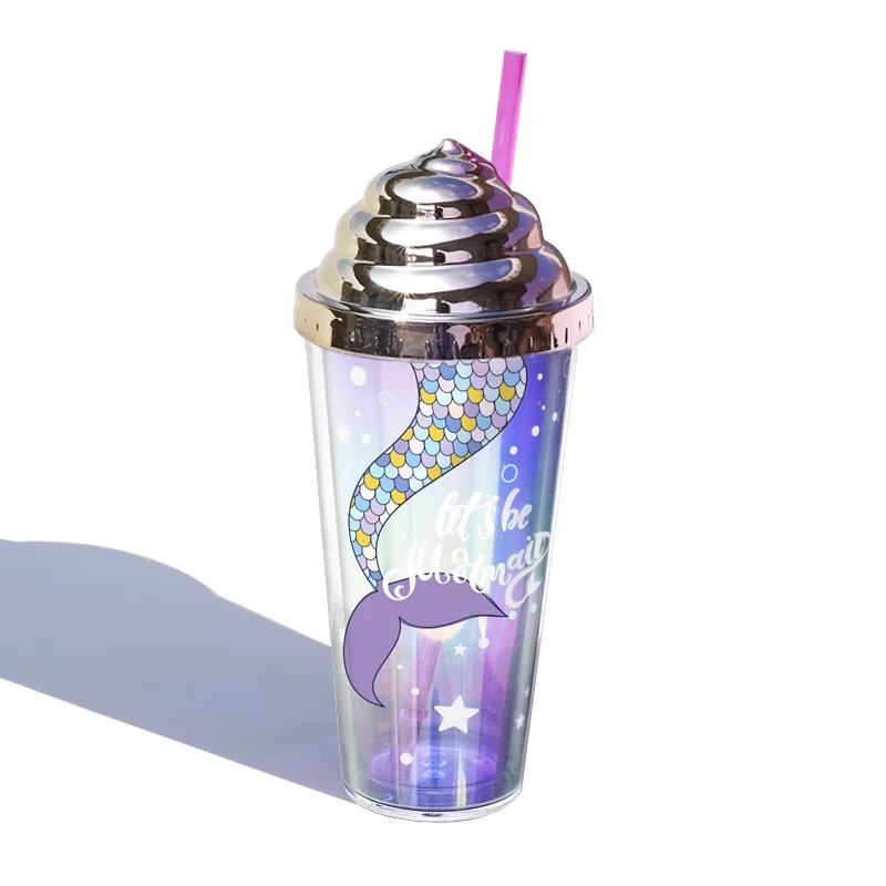 

Electroplated Glitter Water Cup Creative Straw Mermaid Plastic Cup Gift Home Office Double Layer Heat Cold Insulation