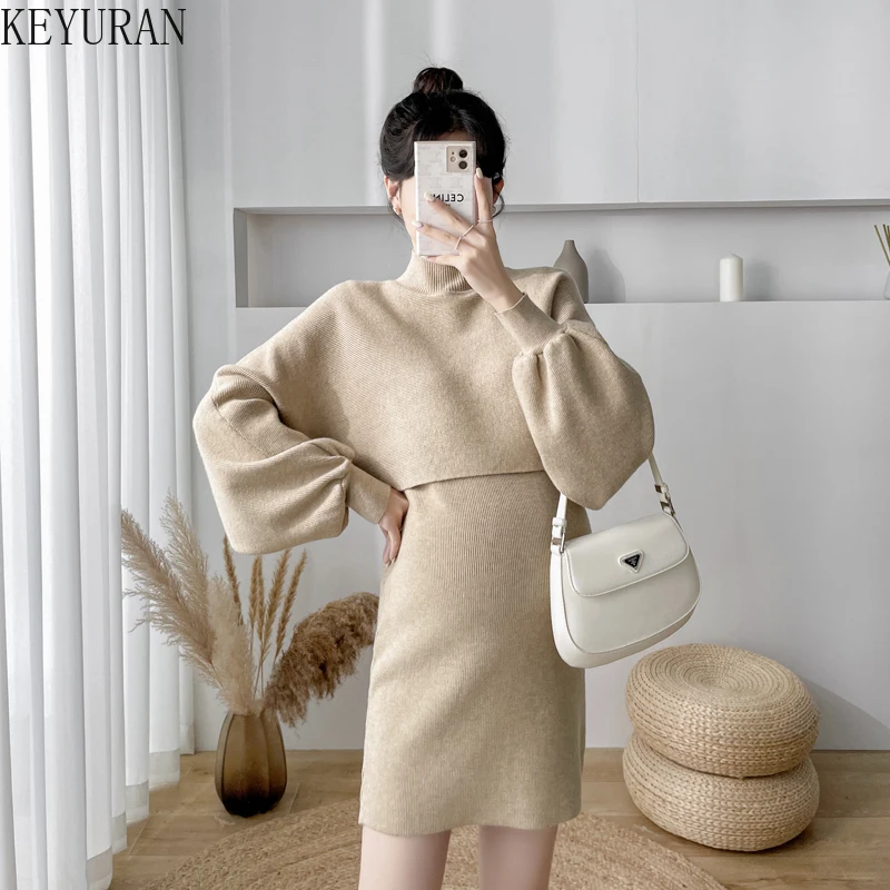 

Maternity Dress Set French High Neck Shawl Lantern Sleeve Crop Sweater and Knit Dress Two-piece Suit Clothes For Pregnant Women