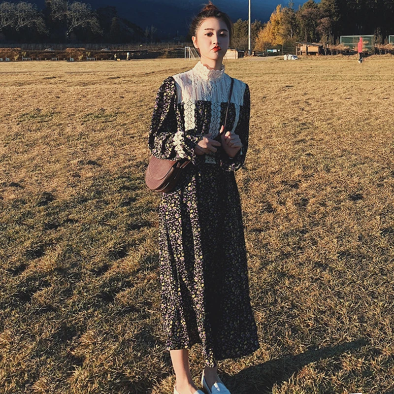 

2021new Chiffon Floral Dress Female Spring Autumn Lace Stitching Korean Loose Long French Style Bottoming Hedging Fashion Dress2
