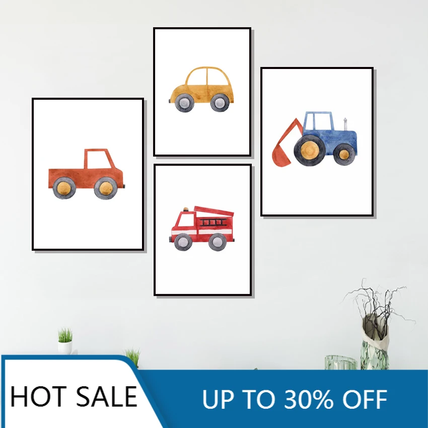Милая машинка для мальчиков синий трактор пожарная машина картины на холсте