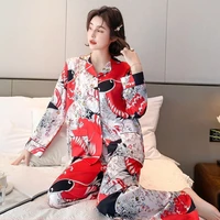 qweek silk like pajamas for women chinese style pijamas autumn 2 piece set cartoon print sleepwear loungewear pyjamas female pjs