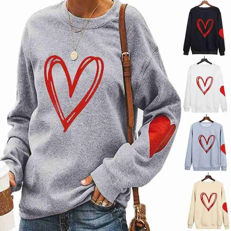 

Women Sweatshirt Red Heart Printed Long Sleeve Sweatshirt O Neck Casual Sweatshirt For Unisex Valentine's Day Couple Sweatshirt