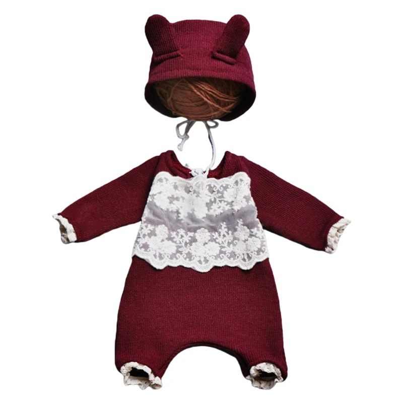 Mono de mameluco con orejas T5EC para beb&eacute;s, Kit de ropa para sesi&oacute;n de fotos, trajes, sombrero de beb&eacute;, conjunto de Mono para fotograf&iacute;a de reci&eacute;n nacido, 2 uds.-1