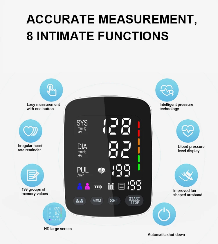 

New Featured Blood Pressure Measurement Device Digital Cuff Sphygmomanometer With Curved LED Screen Display