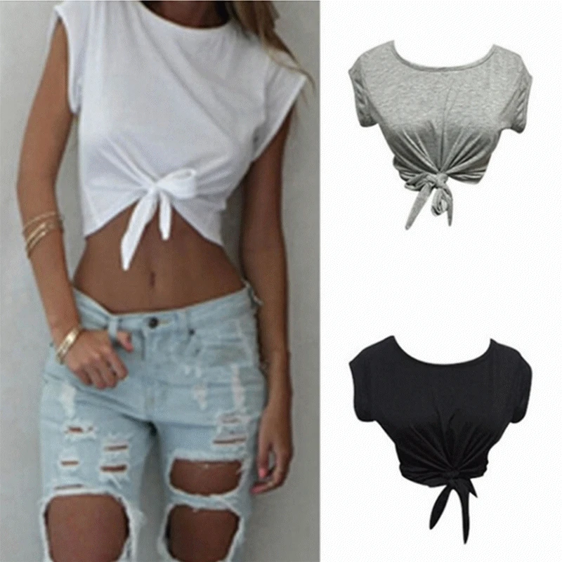 

Summer T Shirt Bow Tie Crop Tops Sexy Solid Tshirt For Women Casual Tee Tops Summer Short Sleeve Top Camiseta Mujer
