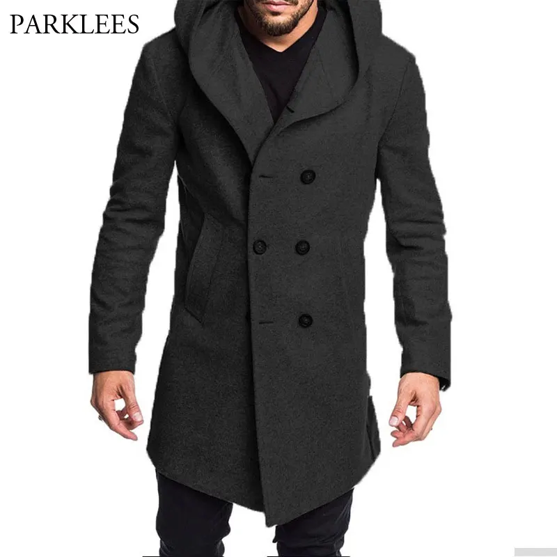 

Шерстяной Тренч для мужчин, бренд 2020, мужское длинное пальто с капюшоном, повседневное приталенное двубортное Мужское пальто и куртки, Manteau ...