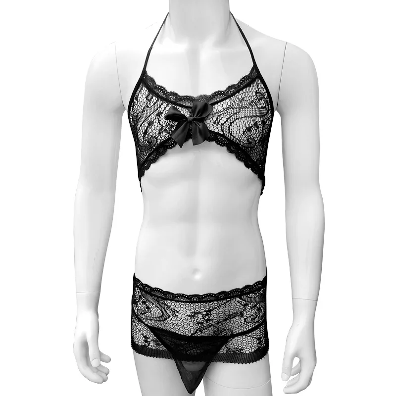 

Sissy mesh Lingerie set with Thong Babydoll for Men High elastic Gay Bikini Underwear Bowknot Transparent Sissy Mini Skirt