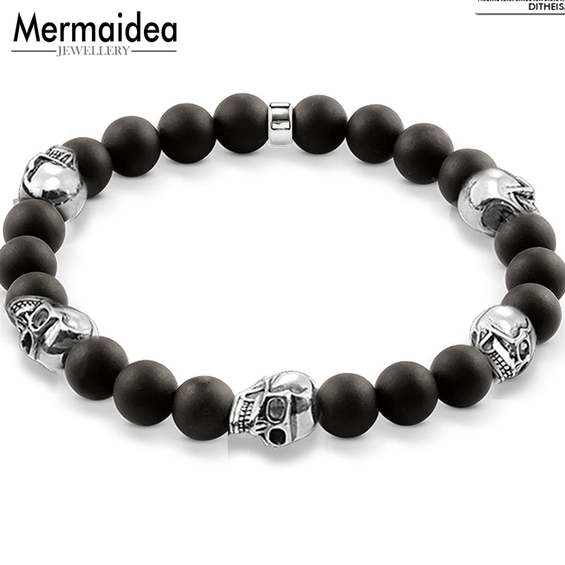 Браслеты с 5 черепами и обсидиановыми бусинами 2020 новые посеребренные модные