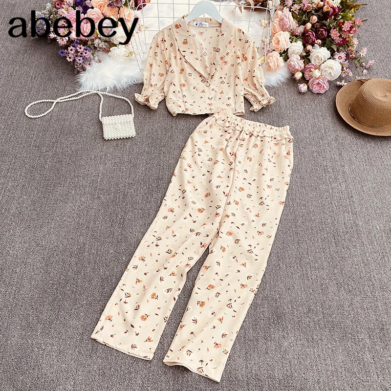 

2021 New Spring Summer Casual fashion two piece suit women's wear Korean Short Sleeve Shirt versatile retro floral pants