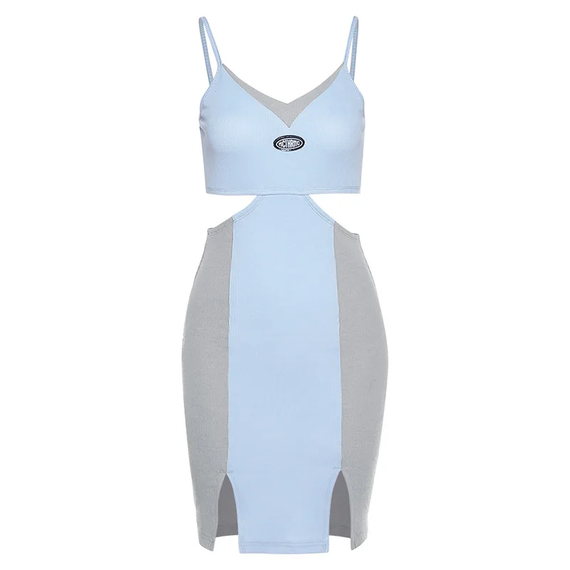 

European and American Style Women's New Style Sling V-neck Hollow Backless Color Matching Slim Fit Hip Dress