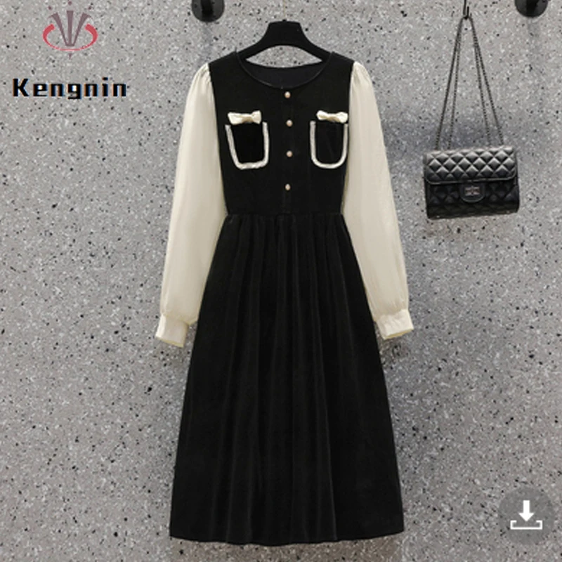 

Осеннее бархатное плотное женское платье с длинным рукавом, черное платье в стиле пэчворк, свободное женское платье, платье, повседневное ж...