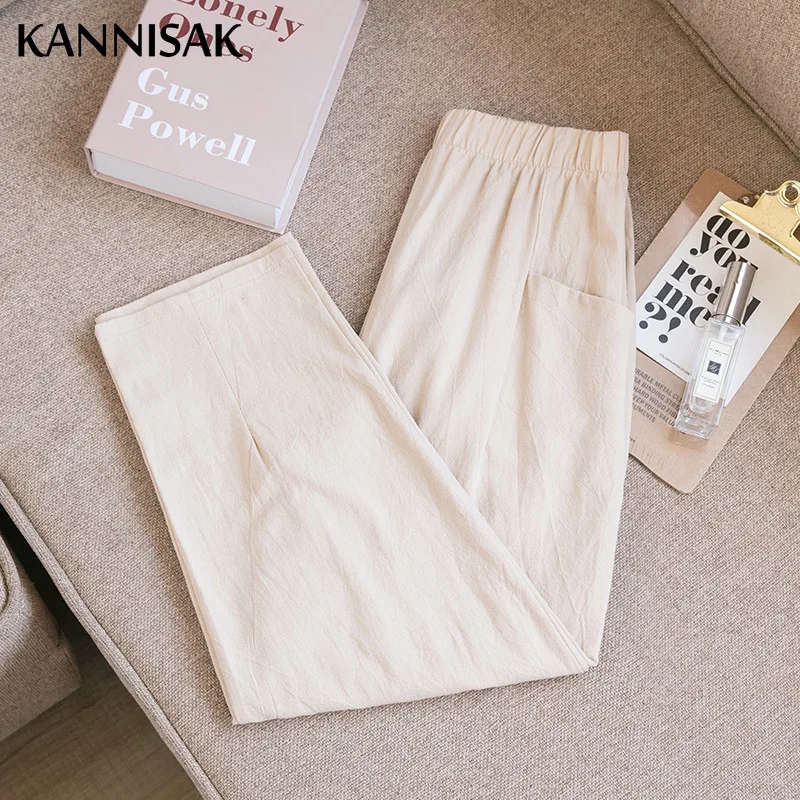 

Women's Pants Cotton Linen Breathable Casual Calf-Length Spring Summer Sweet Girl Korean Capris Elastic Waist Straight Trousers