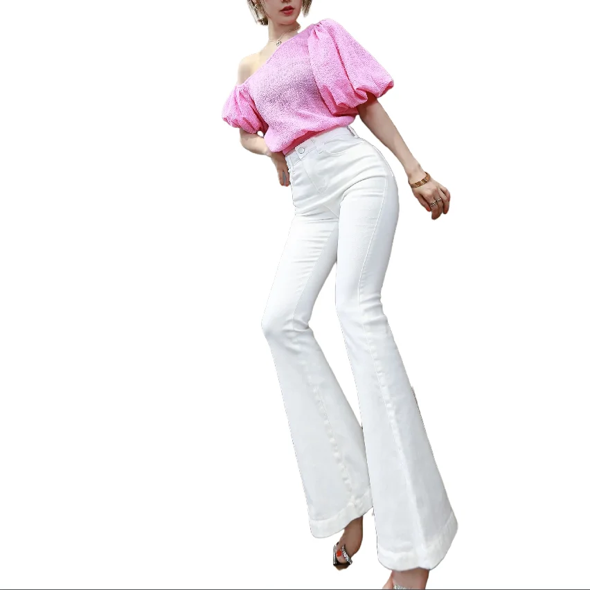

White Flare Jeans Pants Women Vintage Denim Women High Waist Fashion Hip-lift stretch jeans Trousers Plus Size Wide Leg Jeans