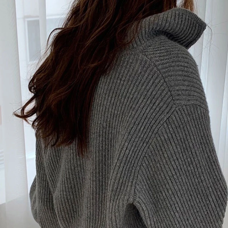 Женский трикотажный свитер на молнии Серый Свободный Повседневный с