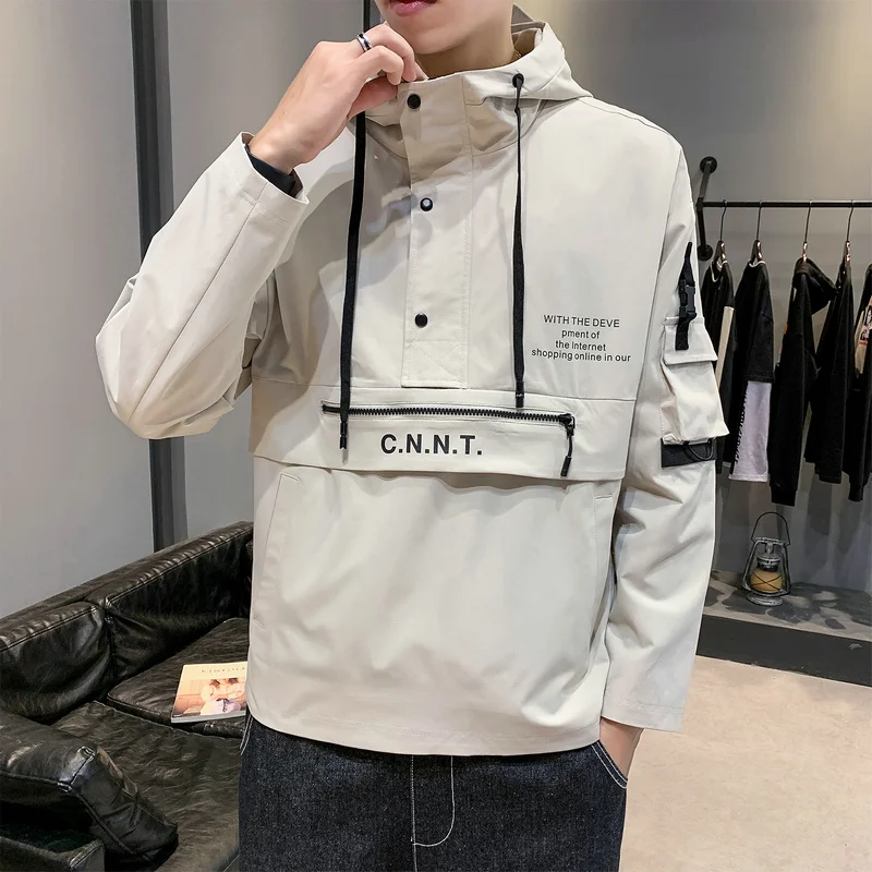 Мужская осенняя куртка с капюшоном корейский стиль черный хаки желтый размер M-5XL