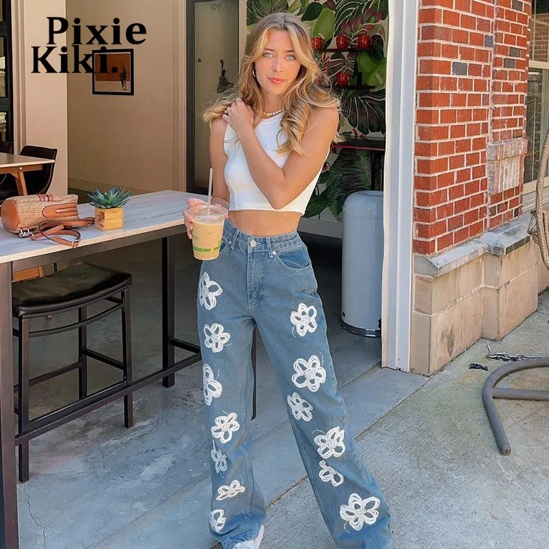 

PixieKiki Floral Printed Baggy Jeans Streetwear Women Vintage Aesthetic Clothes Y2k Wide Leg Pants Denim Trousers P80-EI62