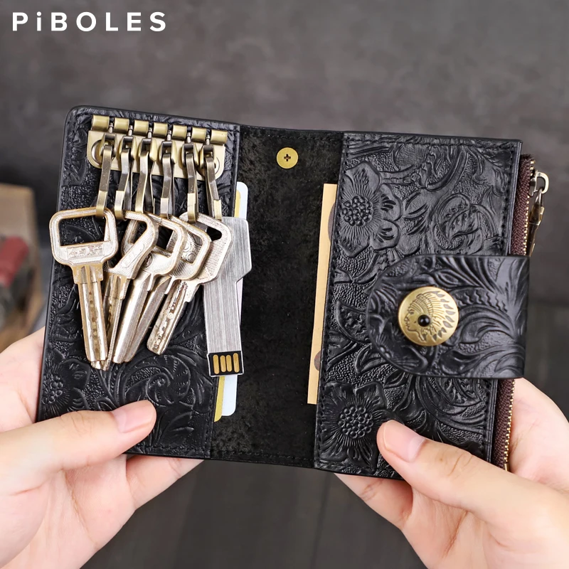 

Portable Genuine Leather Key Men Wallet Handmade Housekeeper Key Holder Coin Purse Credit Card Slot Zipper Pouch For Women