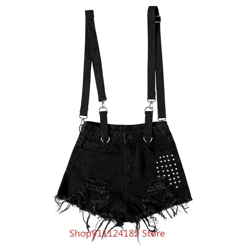 

Ripped Strap Denim Shorts Women Beaded Ragged Pants 2021 Hot Summer New Style Beggar Fashionable Western Style Black Pants