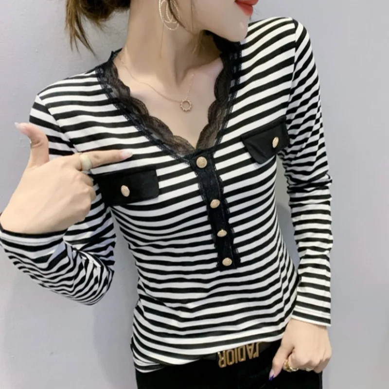 

#8615 черно-белая полосатая футболка, Женская Базовая футболка с V-образным вырезом и пуговицами, Женская хлопковая Сексуальная футболка, Женс...