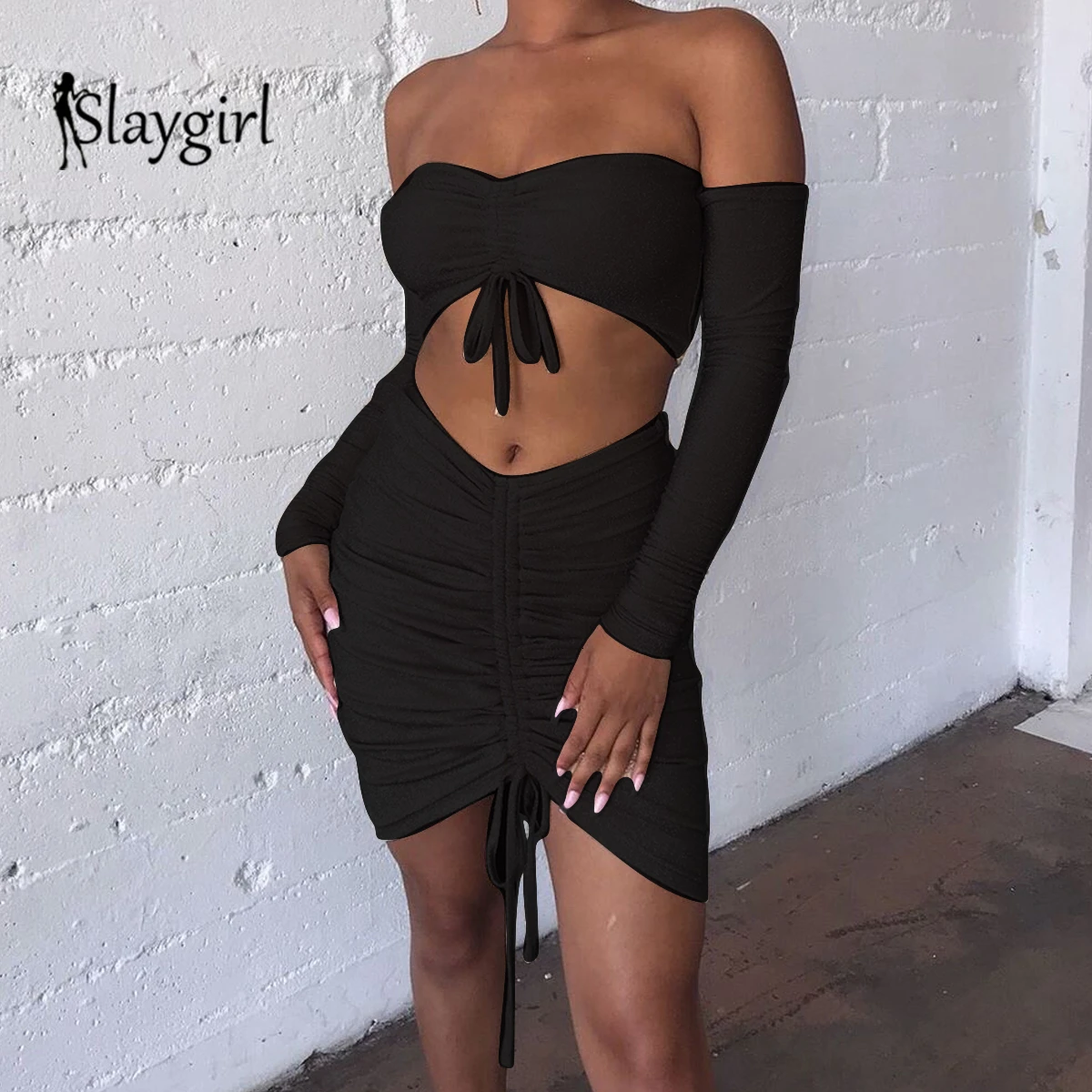 Черный Slaygirl и открытыми плечами облегающее сексуальное осеннее платье Для женщин мини-платье с открытыми плечами клуб C заклепками; дамские туфли на шнуровке вечерние платья с длинным рукавом - Цвет: Черный