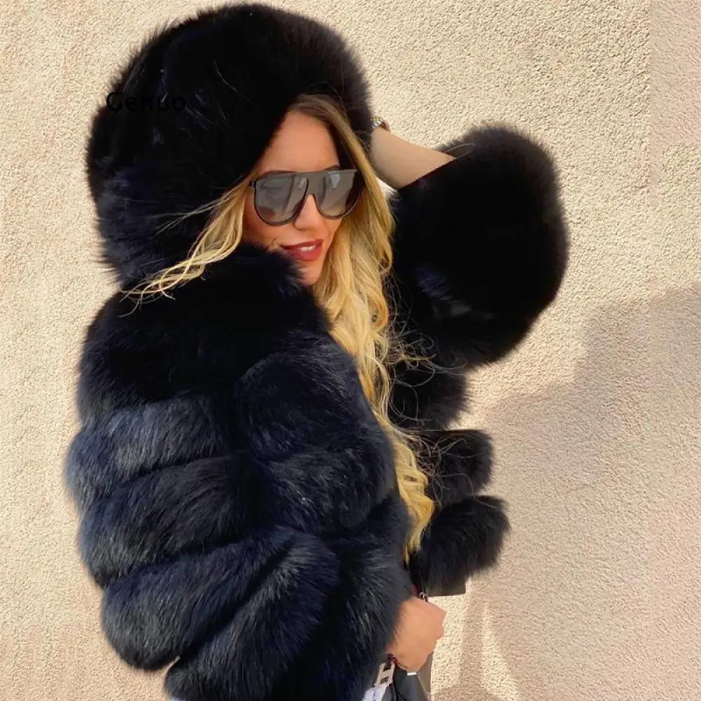 

Женское зимнее пальто с капюшоном, розовое короткое пальто из искусственного меха с длинным рукавом, Толстая теплая пушистая куртка из иску...