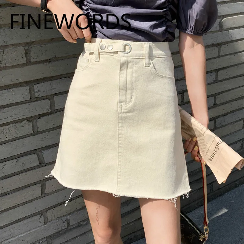 

FINEWORDS 2020 Summer Korean High Waist Denim Beige Skirt Vintage Sexy Mini Skirt Slim A Line Plus Size Women Skirts Midi Faldas